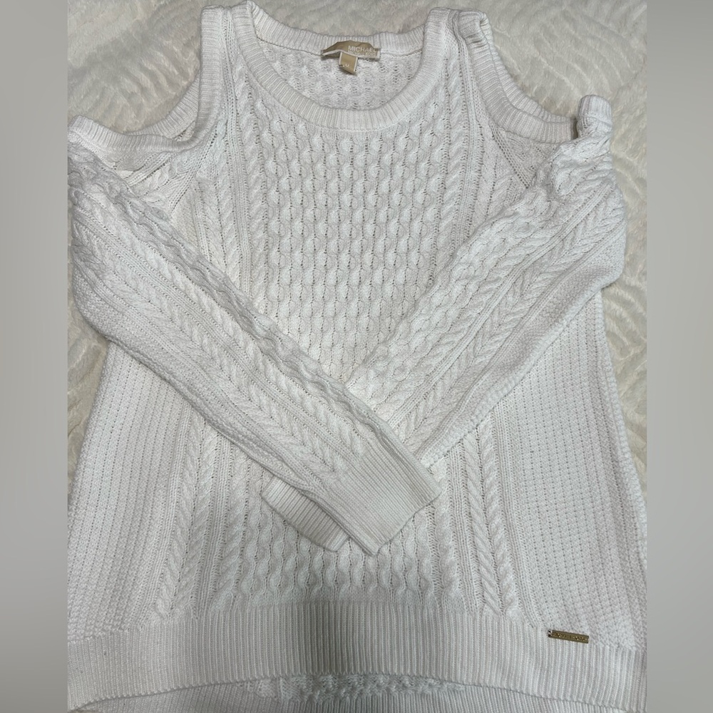 Michael Kors White Cold Shoulder Sweater Medium Cable Knit Hi Low Hem Cozy Chic - Picture 10 of 14